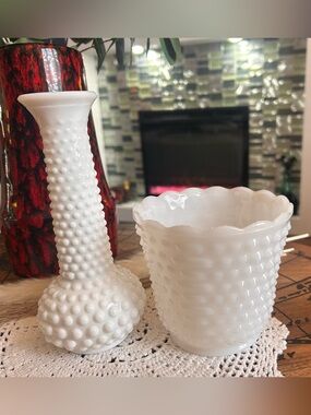 E.O. Brody Hobnail Milk Glass Vase & Fire-King Style Planter | Mid-Century
